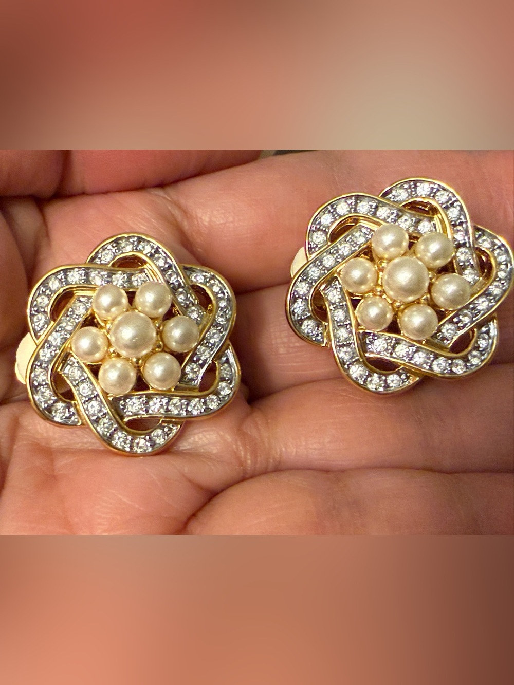 Classic Gold-Tone Pearl & Crystal Flower Clip Earrings